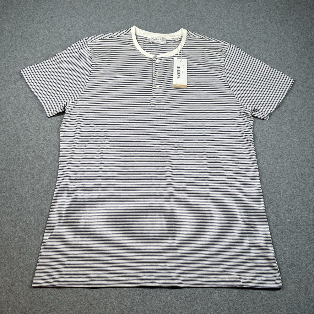 Cotton & Co Blue White Stripe Henley T Shirt Mens Large NWT Casual